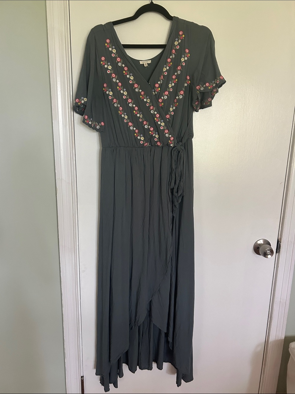 JODIFL Olive Green Asymmetrical Wrap Maxi Dress with Floral Embroidery